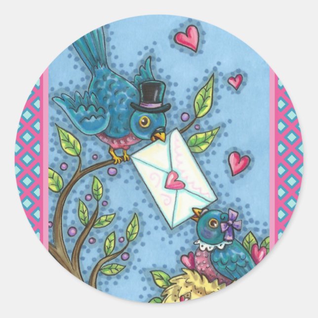 CUTE BLUEBIRD SWEETHEARTS, LOVE BIRD VALENTINE CLASSIC ROUND STICKER (Front)
