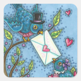 CUTE BLUEBIRD SWEETHEARTS, LOVE BIRD VALENTINE SQUARE STICKER