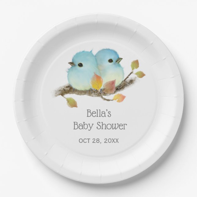 Cute Bluebirds Bird Baby Shower Paper Plate (Front)