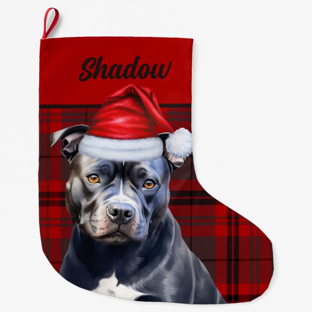Cute Bluenose Pitbull Dog and Red Plaid Custom Large Christmas Stocking (Front)