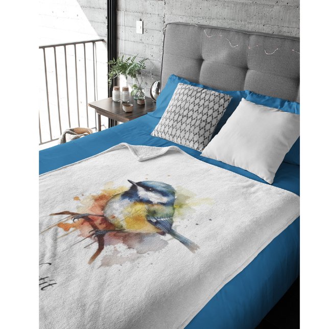  Cute Bluetit on a Branch, custom Fleece Blanket (Creator Uploaded)