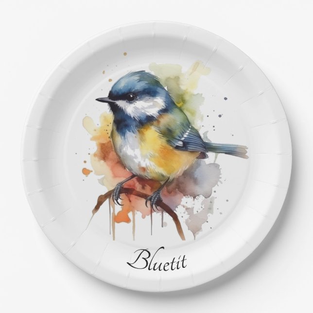 Cute Bluetit on a Branch, custom Paper Plate (Front)