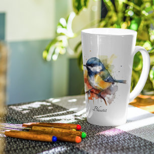 Cute bluetit sitting on a branch latte mug