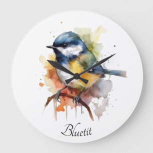 Cute bluetit sitting on a branch watercolor large clock