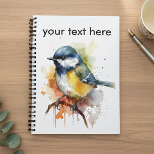 Cute Bluetit Sitting on Branch Watercolor, custom Notebook