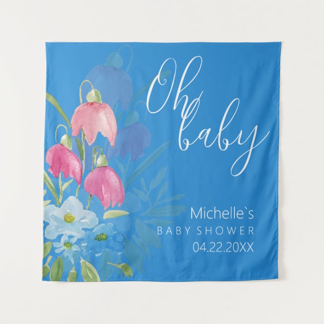 Cute Blush And Blue Spring Watercolor Flowers Tapestry (Front)