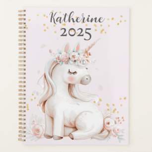 Cute Blush and Mint Unicorn Gold Glitter Name 2025 Planner