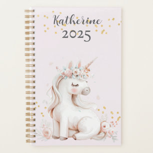 Cute Blush and Mint Unicorn Gold Glitter Name 2025 Planner