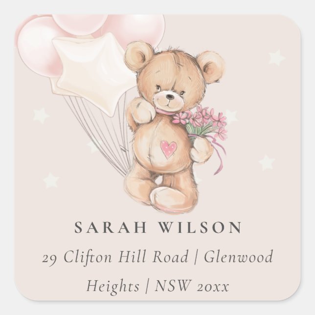 Cute Blush Bear Balloon Floral Bunch Heart Address Square Sticker (Front)