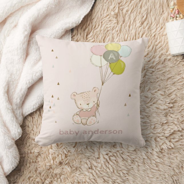 Cute Blush Bear Balloon Girly Monogram Baby Kids Cushion (Blanket)