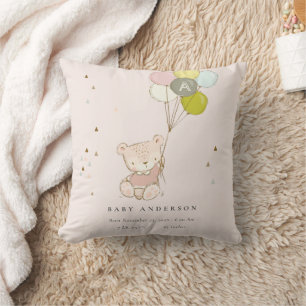 Cute Blush Bear Balloon Girly Monogram Baby Stat Cushion