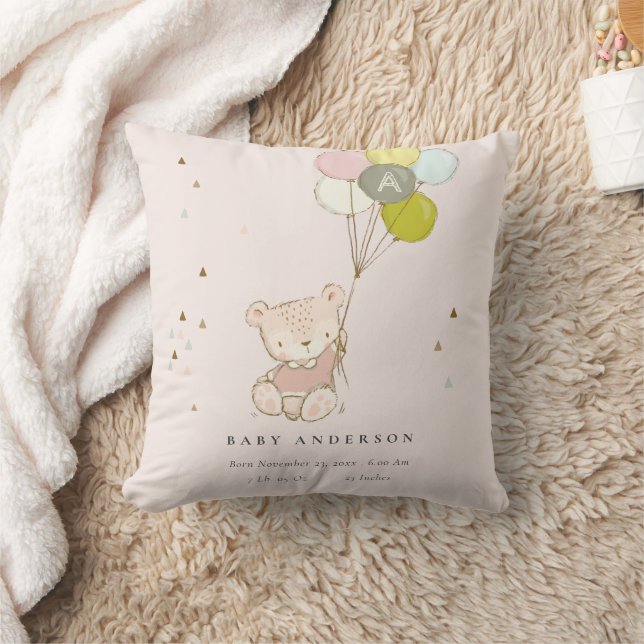 Cute Blush Bear Balloon Girly Monogram Baby Stat Cushion (Blanket)