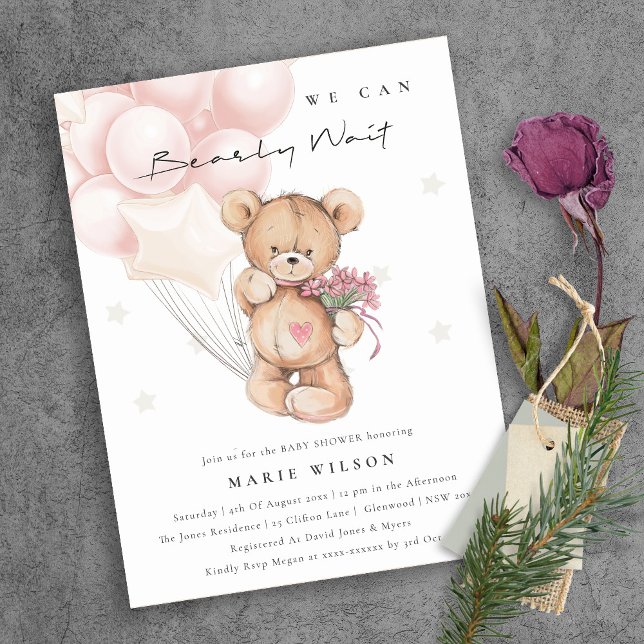 Cute Blush Bear Bearly Wait Balloon Baby Shower Postcard (Creator Uploaded)