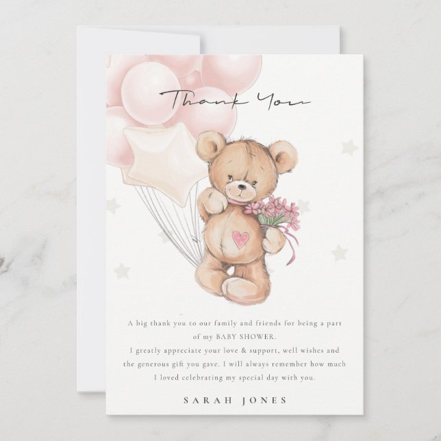 Cute Blush Bear Bearly Wait Balloon Baby Shower Thank You Card (Front)