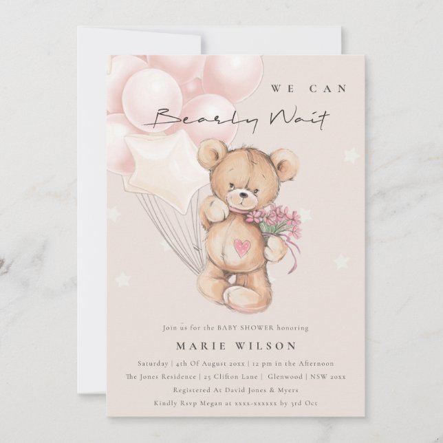 Cute Blush Bearly Wait Balloon Baby Shower Invite (Front)