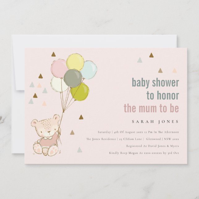 Cute Blush Bearly Wait Balloon Baby Shower Invite (Front)