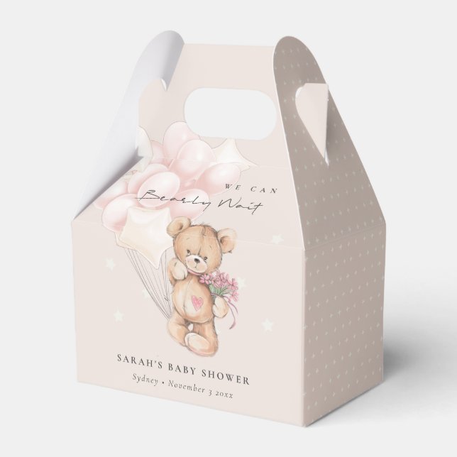 Cute Blush Bearly Wait Bear Balloon Baby Shower Favour Box (Front Side)
