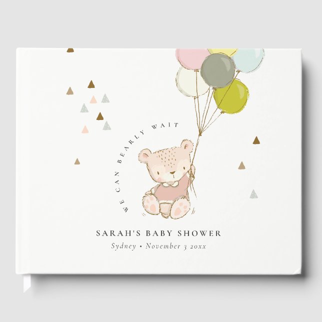 Cute Blush Bearly Wait Bear Balloon Baby Shower Guest Book (Front)