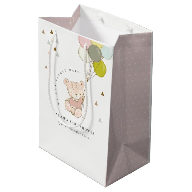 Cute Blush Bearly Wait Bear Balloon Baby Shower Medium Gift Bag (Back Angled)