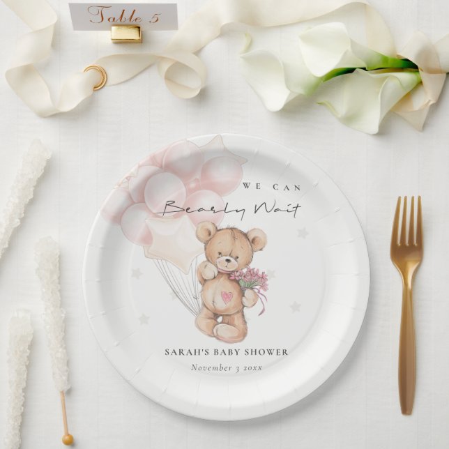 Cute Blush Bearly Wait Bear Balloon Baby Shower Paper Plate (Wedding)