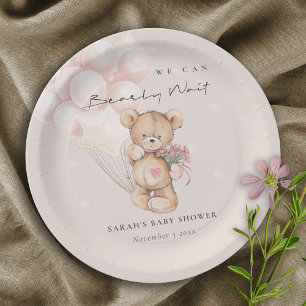 Cute Blush Bearly Wait Bear Balloon Baby Shower Paper Plate