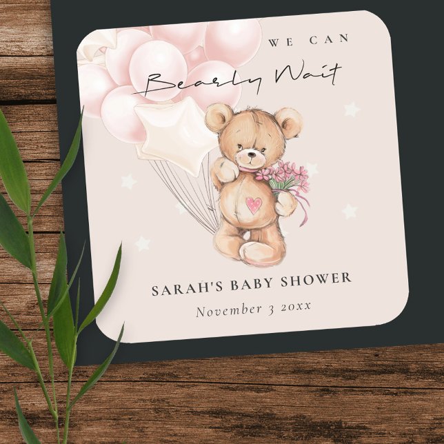 Cute Blush Bearly Wait Bear Balloon Baby Shower Square Sticker (Creator Uploaded)