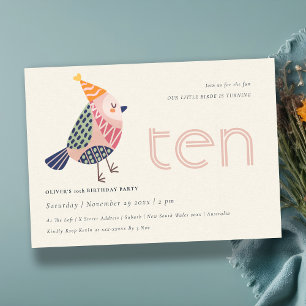 Cute Blush Birdie Any Age 10th Birthday Invite