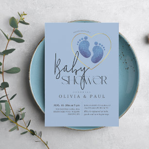 Cute Blush Blue Feet Glitter Baby Boy Shower Invitation