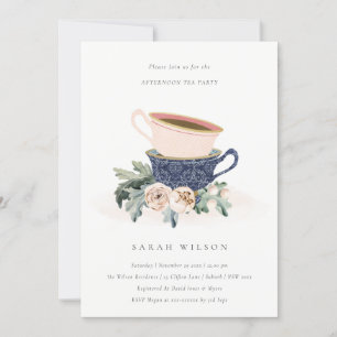 Cute Blush Blue Floral Afternoon Tea Party Invite