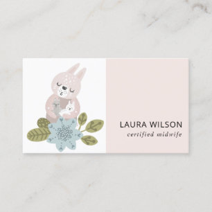 CUTE BLUSH BLUE SCANDI FLORAL BEAR BABY MIDWIFE BUSINESS CARD