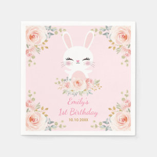 Cute Blush Bunny Rabbit Floral Birthday Party Napkin