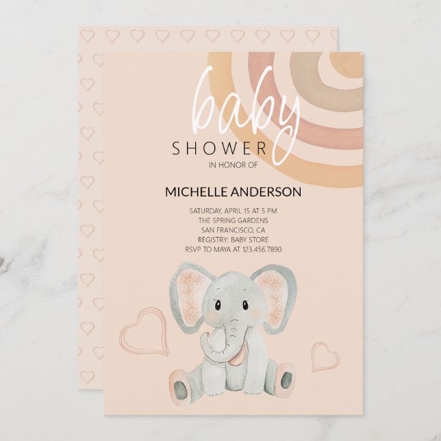 Cute Blush Elephant Watercolor Illustration Invitation (Front/Back)