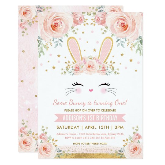 Cute Blush Floral Bunny Rabbit Birthday Party Invitation Au