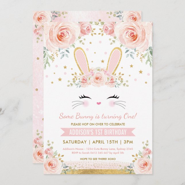 Cute Blush Floral Bunny Rabbit Birthday Party Invitation (Front/Back)