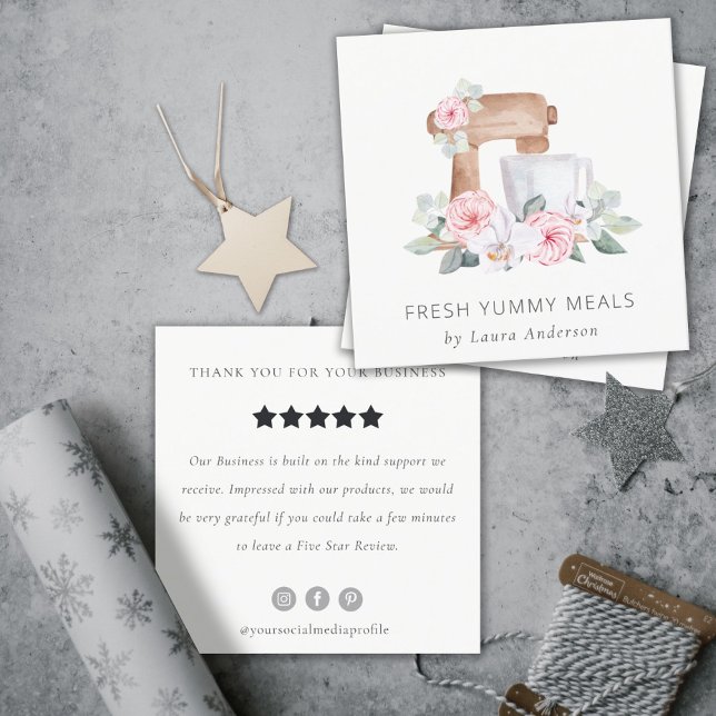 Cute Blush Floral Cake Mixer Bakery Review Request Square Business Card (Creator Uploaded)