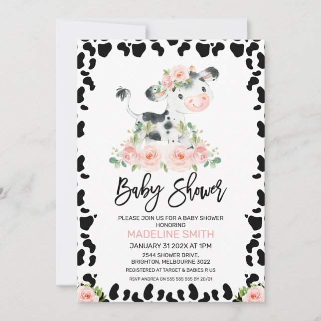 Cute Blush Floral Cow Baby Shower Invitation (Front)