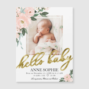 Cute Blush Floral Photo Birth Announcement Cards