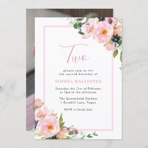 Cute Blush Flowers Girls 2nd Birthday Party Photo Invitation