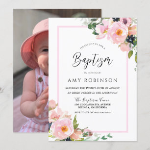 Cute Blush Flowers Girls Photo Picture Baptism Invitation