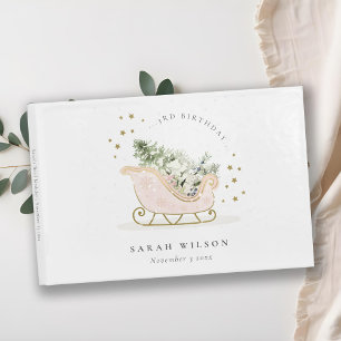 Cute Blush Gold Winter Sleigh Any Age Birthday Guest Book