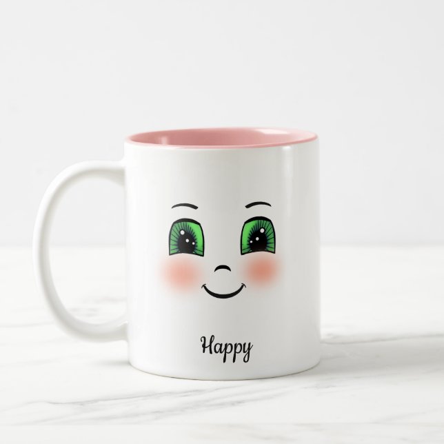 Cute blush happy face on white Two-Tone coffee mug (Left)