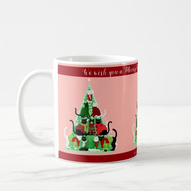 Cute Blush Kitty Christmas Tree Custom Holiday Coffee Mug (Left)