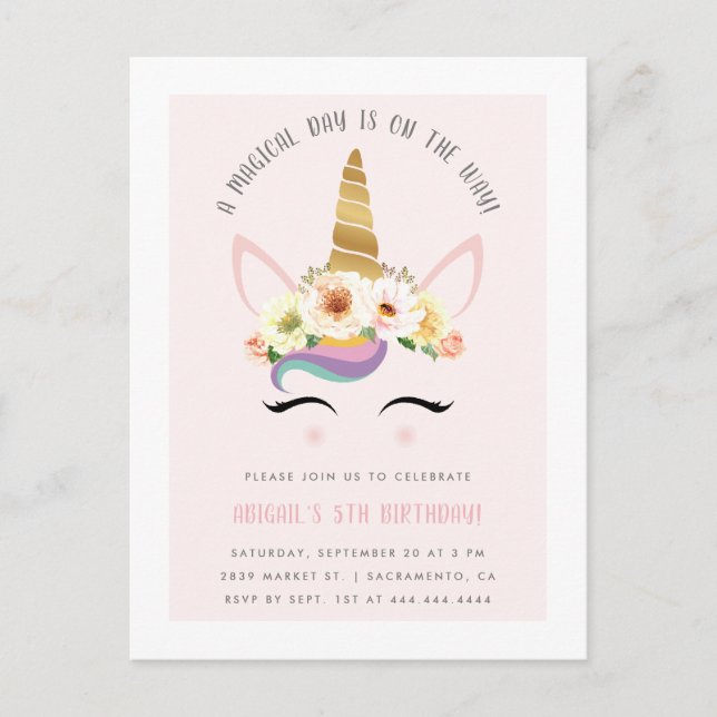 Cute Blush Magical Unicorn Birthday Party Invitation Postcard (Front)