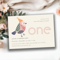 Cute Blush Pink Birdie Any Age 1st Birthday Invite