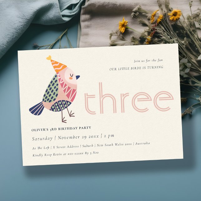 Cute Blush Pink Birdie Any Age 3rd Birthday Invite (Creator Uploaded)