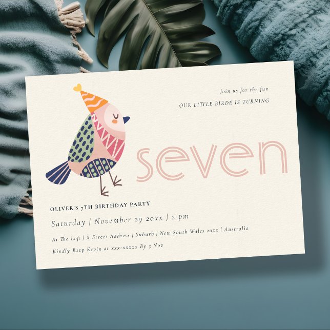 Cute Blush Pink Birdie Any Age 7th Birthday Invite (Creator Uploaded)
