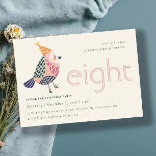 Cute Blush Pink Birdie Any Age 8th Birthday Invite