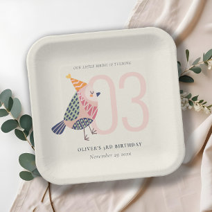 Cute Blush Pink Boho Birdie Any Age Birthday Paper Plate