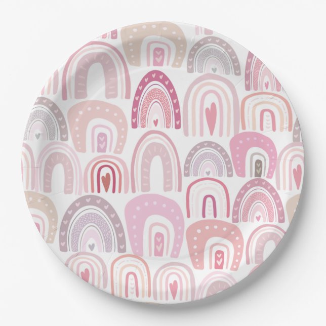 Cute Blush Pink Boho Rainbow Pattern Paper Plate (Front)