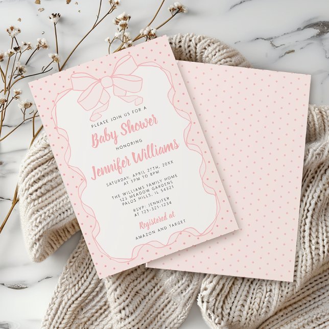 Cute blush pink bow ribbon baby girl shower invitation (Creator Uploaded)